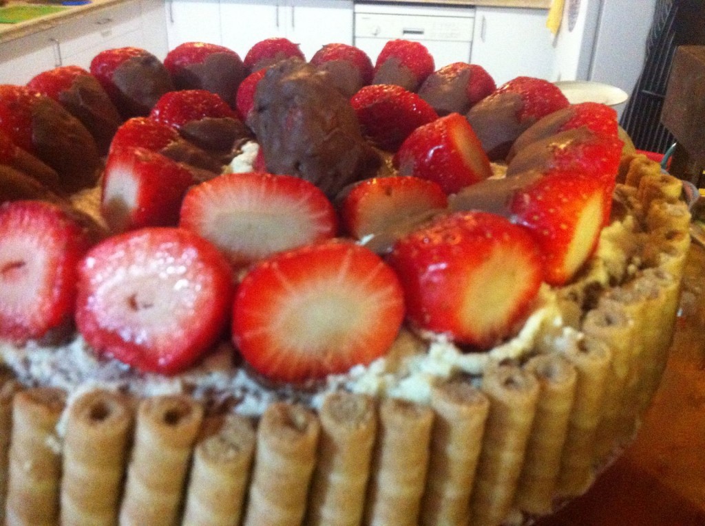 עוגת יומולדת - עוגת בראוניז בציפוי של קצפת, שוקולד ותותים ועוד דברים טובים